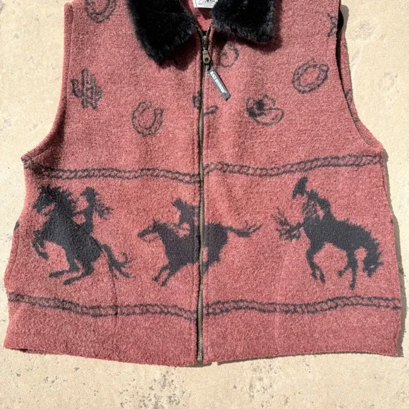 Vintage Black Mountain Outdoor Western Vest Rust Faux Fur Collar Cowgirl  Print - Picture 7 of 11